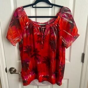 Maurices Palm Tree Blouse Sheer‎ Tie Neck Short Sleeve Red XL